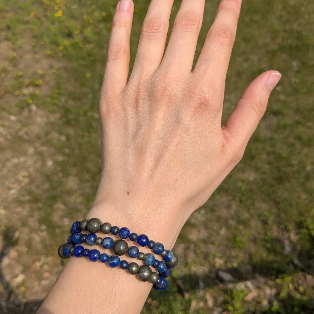 Natural Lapis Lazuli and Pyrite Memory Wire Layer Bracelet - Picture 12 of 14